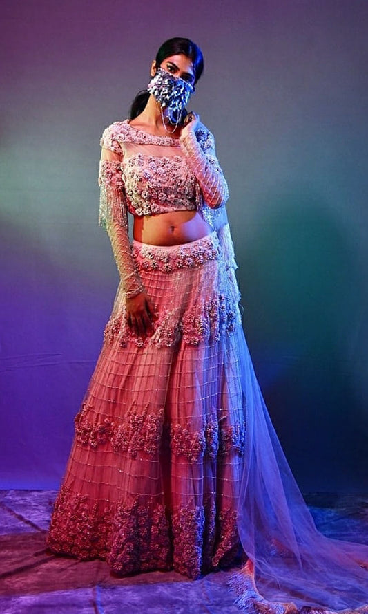 Peach 3d flower lahenga