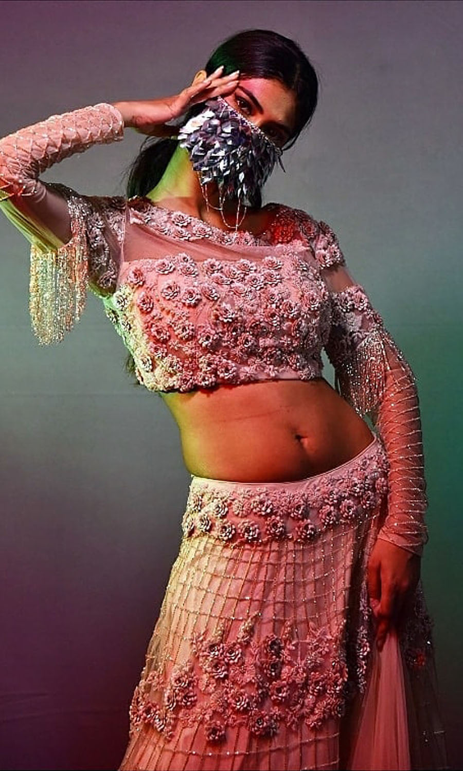 Peach 3d flower lahenga