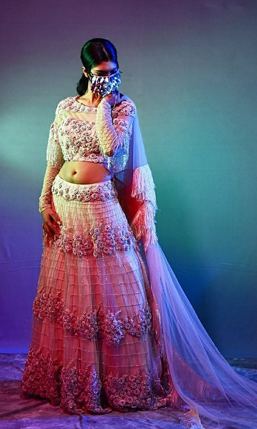 Peach 3d flower lahenga