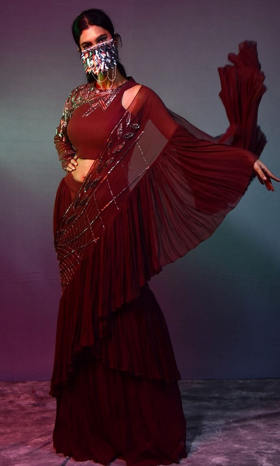 Chocolate brown drape saree