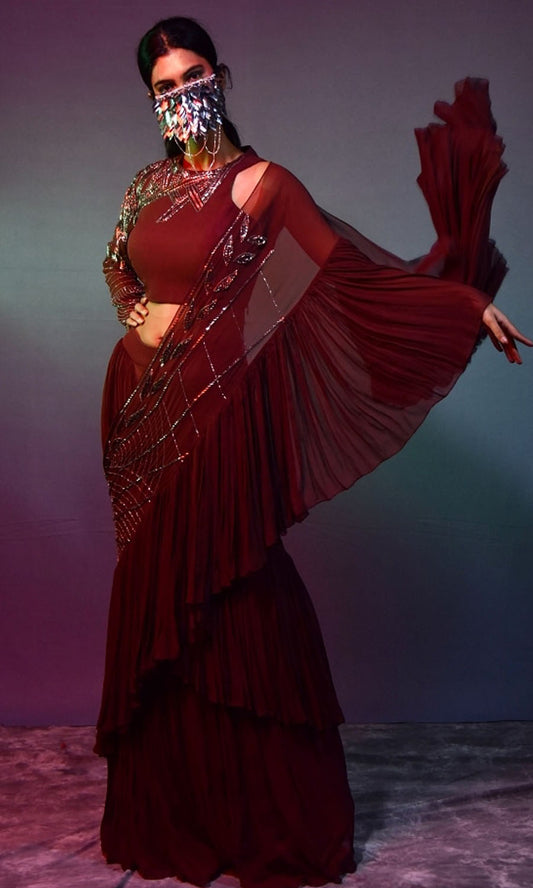 Chocolate brown drape saree